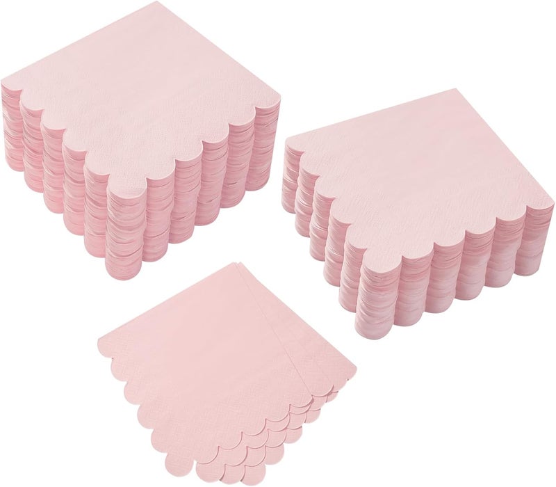 BEFORYOU 100 Pack Cocktail Napkin 2-Ply Scalloped Edged Dessert Napkins Folded 5 x 5 Inches Disposable Napkins for Dinner Wedding Birthday Party Bridal Anniversary Reception Event (Pink) - Image 1